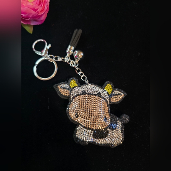 Bling Cow Rhinestone Bag Charm / Keychain with Tassel - Picture 1 of 2
